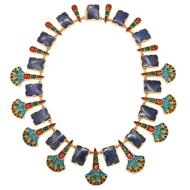 Emaliowany naszyjnik z lapis lazuli stworzony przez światowej sławy artystę Ruvena Perelmana. Biżuteria w stylu egipskim