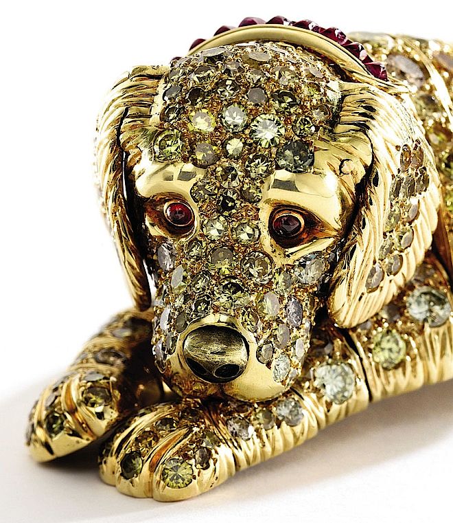 Brosza Labrador - René Boivin, złoto, kolorowe diamenty, diament, rubiny. Biżuteria na aukcji Sotheby's bije rekordy