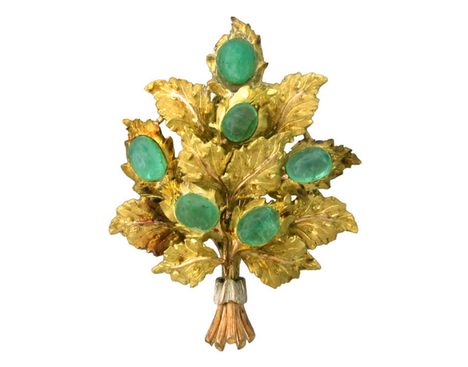 Jesienna broszka Buccellati ze szmaragdami. Biżuteria Buccellati: jesienne liście