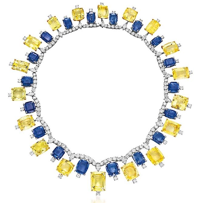 Naszyjnik Cartier z 1957 roku z niebieskimi i żółtymi szafirami i diamentami. Padną rekordy na aukcji biżuterii Christie?