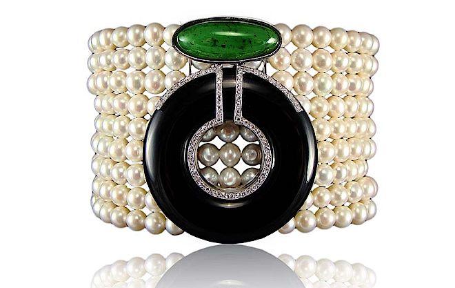 Bransoleta Corrado Giuspino – perły, czarny onyks, jadeit i diamenty, ze zdejmowanym centralnym motywem. Włoska biżuteria w stylu Art Deco