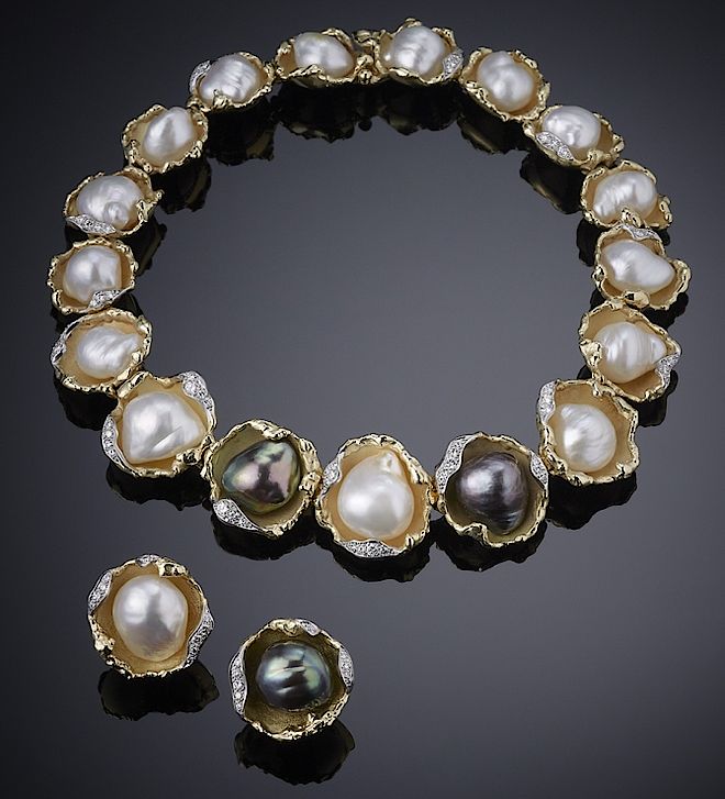 Naszyjnik i kolczyki Grima z barokowymi perłami w tzw. skorupach ostrygi