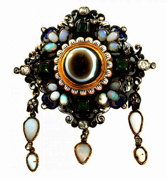 Brosza z opalami, brylantami i szmaragdami. Biżuteria z opalem w Galerii BiżuBizarre