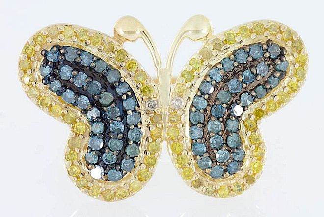 Pierścionek motyl z kolorowymi brylantami. Biżuteria zwierzęca w Galerii BiżuBizarre