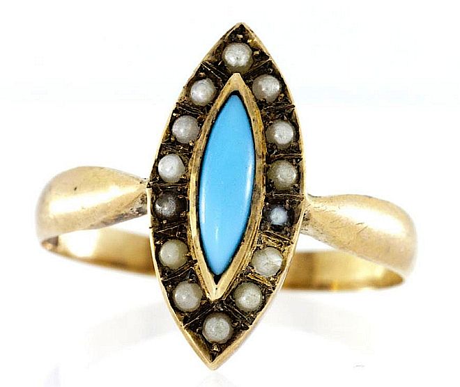 Złoty pierścionek z turkusem i perłami. Złoto i turkus w Galerii BiżuBizarre