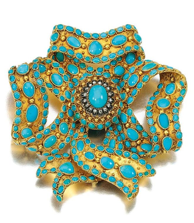 Złota brosza z rozetami diamentowymi i turkusami w szlifie kaboszon